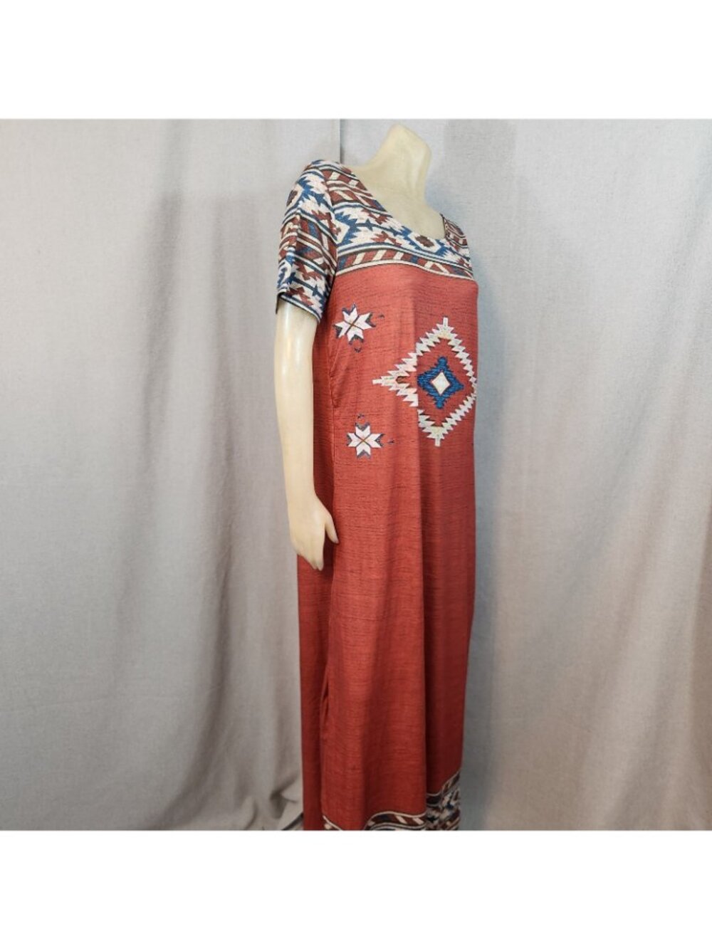 Southwestern Style Blue Orange Pattern Short Slv Scoop Nck Long Dress Maxi LARGE - Picture 3 of 9